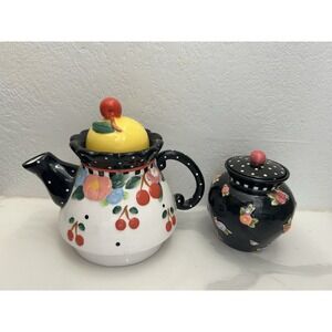 Vintage MARY ENGELBREIT Ceramic Teapot CHERRIES Cottage Sugar Jar Whimsical